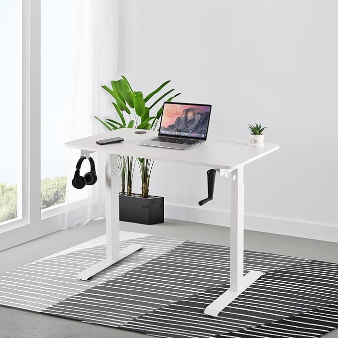 UNICOO Crank Adjustable Height Standing Desk Game Table Home Office Table Computer Desk with USB and Wireless Charger (NTCSET-01-White - M2)