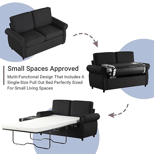 Ball &amp Cast 58 Loveseat Futon Sofa-BedConvertible Pull Out CouchLinen Upholstery Sleeper Sofa Bed with Twin Size Memory Mattress&ampUSB PortOverstuffed Back CushionChaise Lounge for Livingro