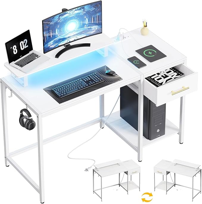 Lkeiyay White Gaming Desk with Led Lights &amp Power Outlet 48 inch Computer Desk with Wooden Drawers Monitor Stand &amp Headphone HookHome Office Desk