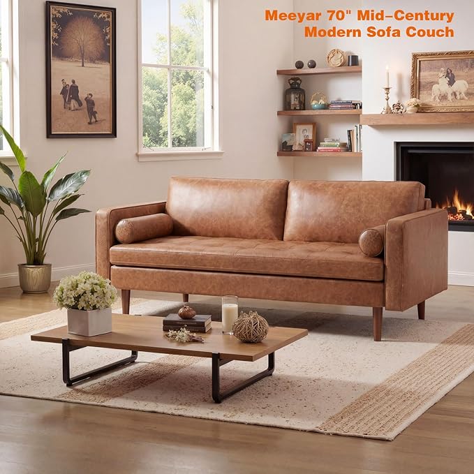 70 Mid-Century Modern Sofa Couch – Faux Leather Loveseat Sofa with Deep Seat &amp Solid Wood Frame – Includes 2 Accent Pillows – Brown Living Room Bedroom Office | Faux Leather Easy to Clean High