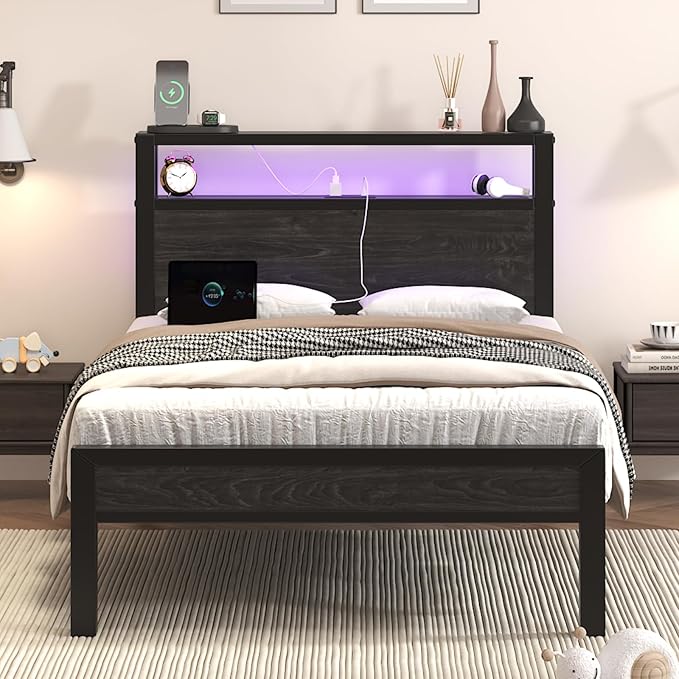 Twin Size Bed Frame with LED Lights and Charging Station Wood Storage Headboard with 2-Tier Shelves Heavy Duty Metal Slats No Box Spring Need Noise Free Easy Assembly Black