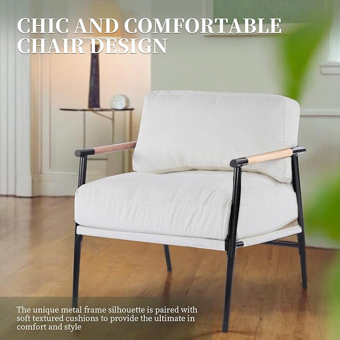Accent Chair Living Room Chair Set of 2 Mid Century Modern Armchair Comfy Reading Chair for Bedroom Upholstered Chenille Fabric Lounge Chair W/Plush Cushions Metal Frame and Wooden Armrest White