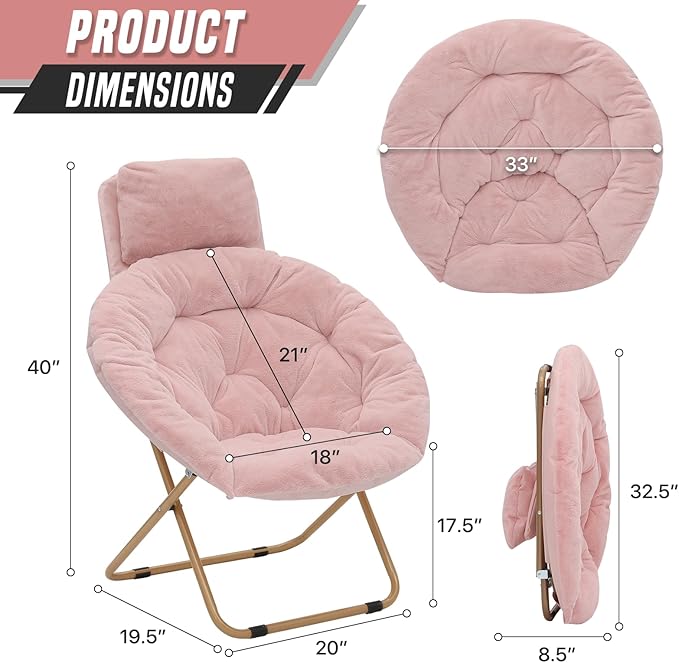 Comfy Saucer Chair Set of 2 with Headrest Large Cozy Metal Frame Cozy Lounge Lazy Chair Folding Faux Fur Round Saucer Chair for Adults Foldable Papasan Moon Chair