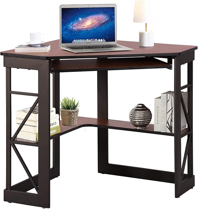 VECELO Corner Computer Desk 41 x 30 inches with Smooth Keyboard &amp Storage Shelves for Home Office Workstation Teakwood Brown
