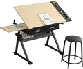 Adjustable Drawing Table Desk with 2 Drawers for Home Office and School with Stool(Wood)