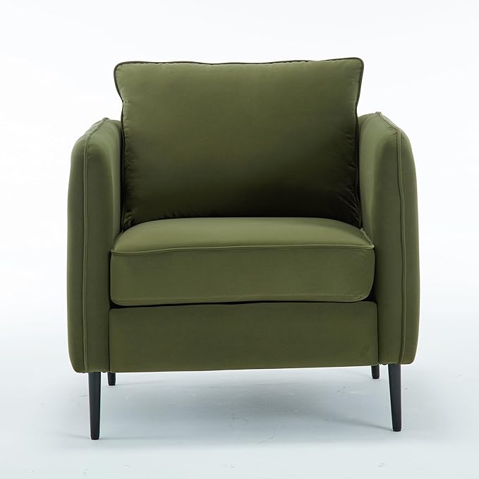 Mid-Century Modern Velvet Accent Chair - Plush Upholstered Armchair with Metal Legs 300lb Capacity Comfy Reading Chair for Living Room Bedroom or Office (Green)