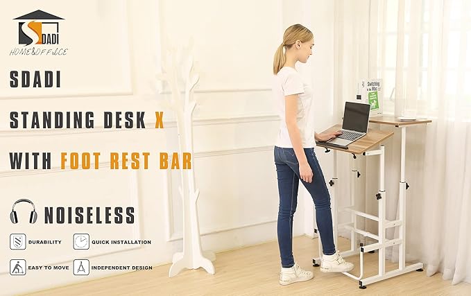 SDADI L101XWFDT Adjustable-Height Steel-Framed Mobile Standing Office Computer Desk with 2 Tiers and Lockable Caster Wheels Dark Grain