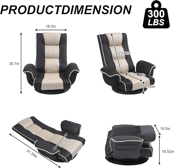 Swivel Floor Chairs for Adults Floor Gaming Chair with Extra Wide Arms Back Support 14 Angles Adjustable Comfortable Double Mesh Fabric Lazy Sofa for Video Game Chairs 201 (Grey + Beige)