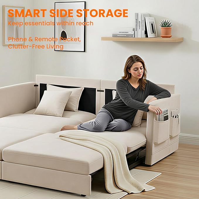 CECER 78 King Size Pull Out Sofa BedIce Velvet Pull Out Couch with Side Pocket3-in-1 Convertible Sleeper Sofa with 4 Pillows for Small Space/Living Room/Bedroom（Beige）