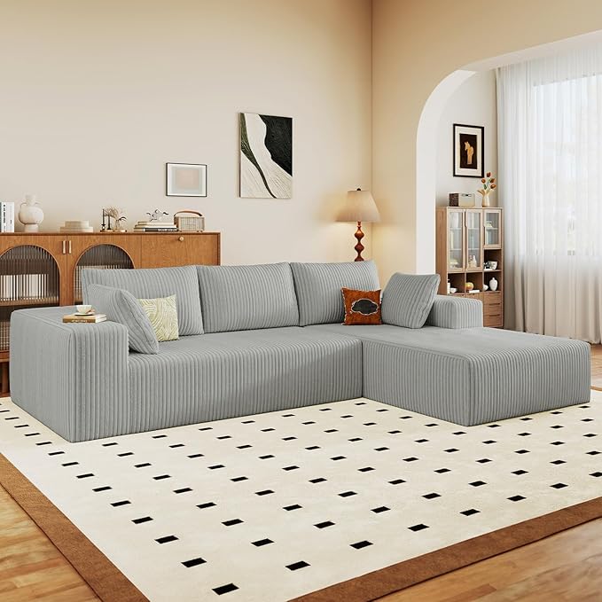 96 Cloud Sectional Couch with L-Shaped Chaise Modern Corduroy Sectionals Couches with Deep Seat Boneless Sofa 3 Seater for Living Room No Assembly Required (Light Grey Right Facing Chaise)