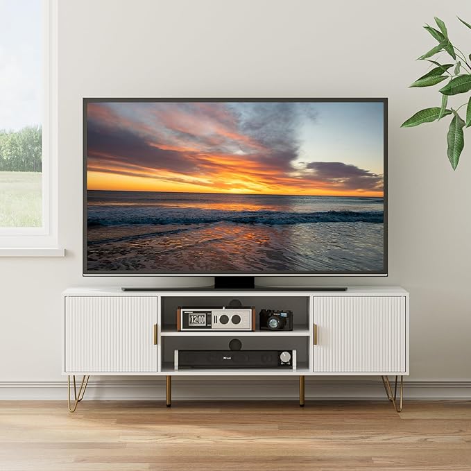 TV Stand for 55-65 Inch TV Entertainment Center with Soft Hinge DoorTV Console Table with 2 Cabinets with Gold Handle and Feetfor Living Room Bedroom White
