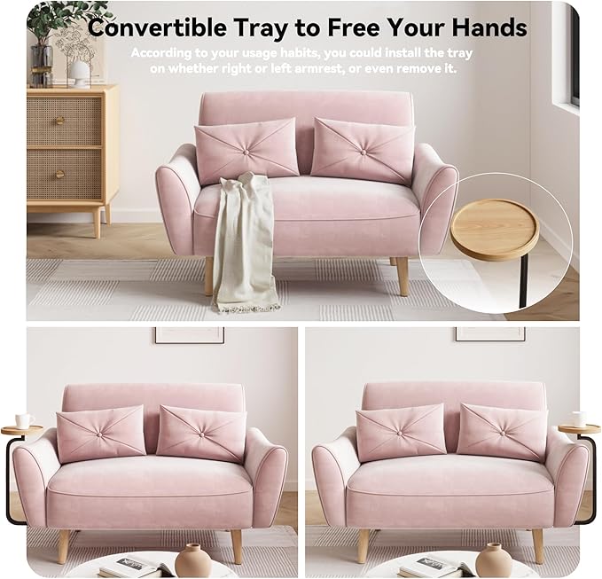 Brelice Loveseat Sofa 47 Velvet Couch for Bedroom Convertible Wooden Tray &amp Ergonomic Armrest for Small Space Apartment Living Room Home Office Easy Assembly Pink