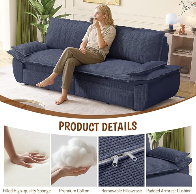 73.2 Sleeper Sofa Bed Queen Size 3-in-1 Convertible Couch Modern Pull Out Couches Comfy Corduroy Futon Sofa Cloud Loveseat Lounge Pillow Arm for Living Room Apartment Dark Blue