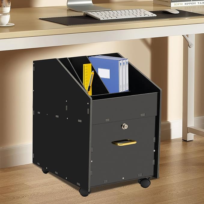 DouSeiAi Mobile PVC File Cabinet with Lock Under Desk Rolling File Cabinets for Home Office Classrooms (Black)