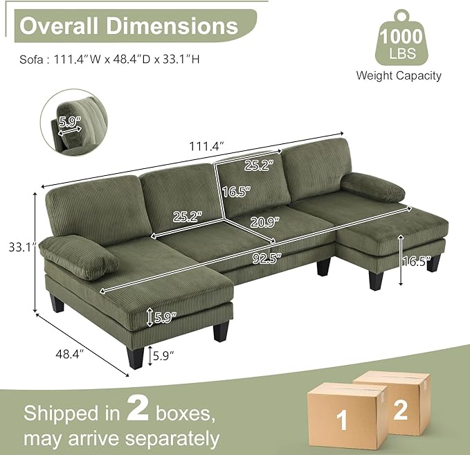 Karl home U-Shape Sectional Sofa Couch 111 Modern 4-Seat Sofa with Chaises Corduroy Fabric Upholstered Covertible Couch with Wood Grain Legs for Living Room Reception Room Apartment Green