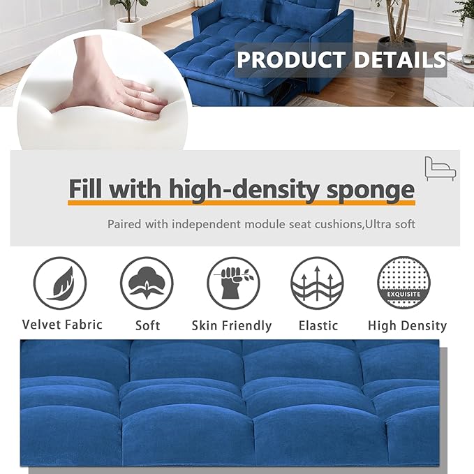 3 in 1 Pull Out Couch Bed Convertible Futon Sofa Bed Velvet Sleeper Loveseat for Small Living Room Adjustable Backrest Comfy Pillows Side Pocket (Blue)