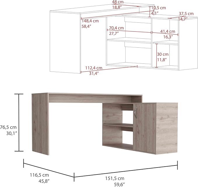 Modern Study and Home Office-Shaped Computer Desk Study Desk Work Desk with Open &amp Closed Storage for Study and Home OfficeLight Gray