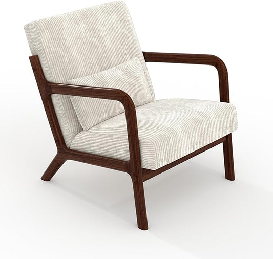 GarveeHome Mid-Century Accent Chair Cozy Wide-Wale Corduroy Reading and Lounge Armchair with Lumbar Pillow Modern Wood Frame for Living Room Bedroom Office Beige