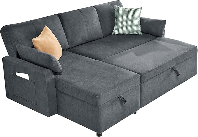 AMERLIFE Sleeper Sofa 2-in-1 Sofa Bed with Storage Chaise Pull Out Sofa Couch for Living Room Guest Room Linen Grey