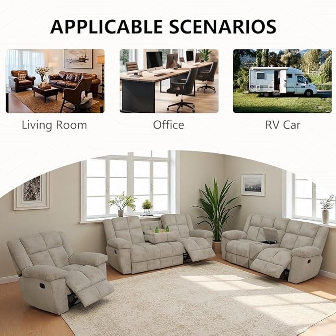 Fabric Recliner Sofa Chair Manual Reclining Chair Comfy Upholstered Single Recliner Couch with Padded Armrest Modern Corduroy Living Room Furniture for Home/Office (Beige 1 Seat)