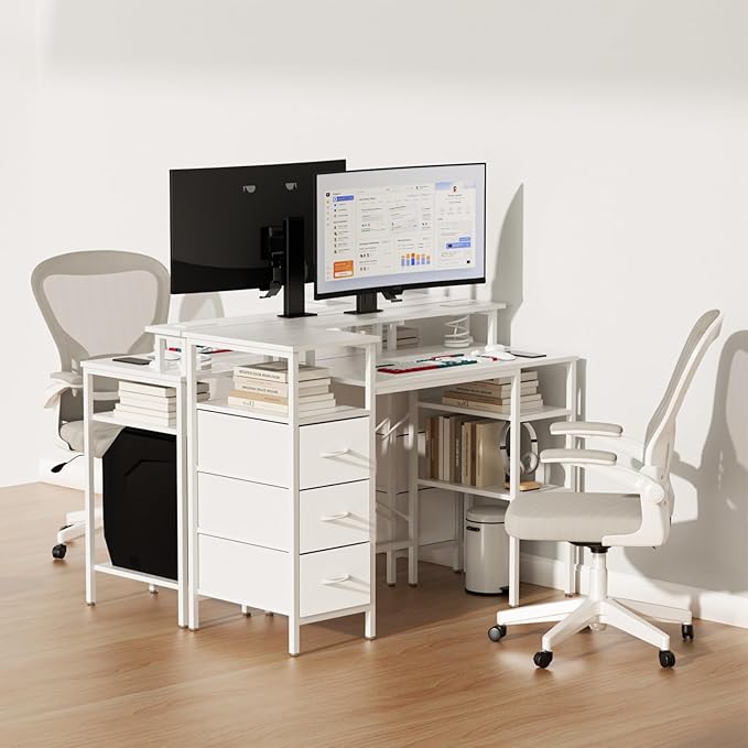 VINGLI 47 Inch L-Shaped Computer Desk Small Computer Gaming Desk with Fabric Drawers &amp Storage Shelves Charging Station Monitor Stand for Home Office White