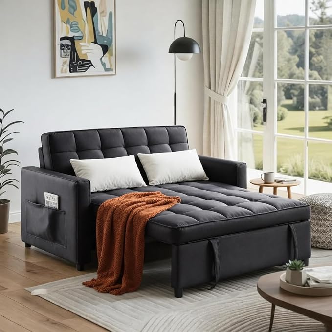 3 in 1 Convertible Sofa Bed Love Seat Sleeper Bed with Side Pockets PU Fabric Pull Out Couch with Adjustable Backrest for Living Room Bedroom Apartment Black