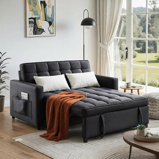 3 in 1 Convertible Sofa Bed Love Seat Sleeper Bed with Side Pockets PU Fabric Pull Out Couch with Adjustable Backrest for Living Room Bedroom Apartment Black