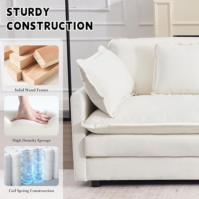 GNIXUU 76.7 White L Shaped Comfy Chenille Modular Cloud Sofa Modern 2 Seater Couch with Movable Ottoman Deep Seat Sofa with 4 Pillows for Living Room Apartment Small Places