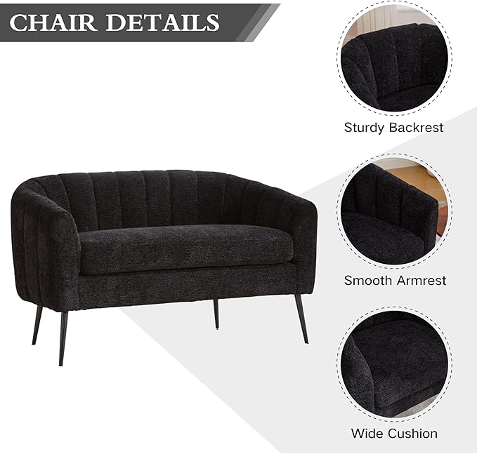 Chifee &amp Vingol Black Loveseat Sofa 50.2'' Wide Upholstered Loveseat Accent Couch with Metal Legs Modern 2-Seater Sofa for Living Rooms Bedroom Apartment OfficeBlack