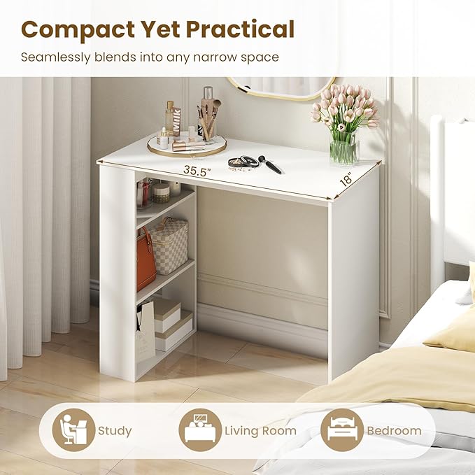 Tangkula Small White Desk with 3-Tier Bookshelf Modern Simple Home Office Desk for Small Space Wooden Writing Desk for Study Living Room &amp Bedroom Compact Laptop PC Workstation (White)