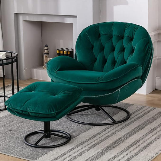 TRIPLE TREE Velvet Accent Chair with Ottoman 360 Degree Swivel Lounge Armchair with Metal Base Comfy TV Chair Recliner Chair for Living Room Bedroom Reading Room Office Green
