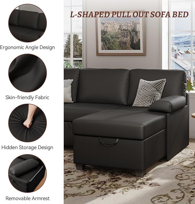 80 inch Convertible Sectional Sofa L-Shaped Sofa Sleeper with Reversible Chaise Faux Leather Couch Bed with StorageRemovable ArmrestModern Pull Out Bed for Living Room BedroomBlack