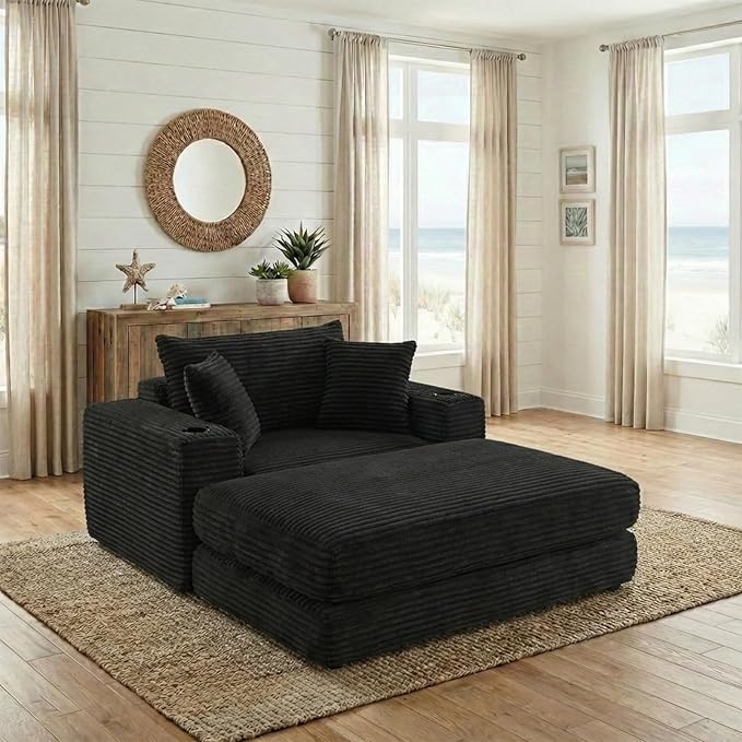 53 Oversized Chaise Lounge Chair Indoor Modular 3-in-1 Corduroy Boneless Chair Cloud-Like Cozy Comfy Sofa Bed Sleeper Couch for Reading Living Room Bedroom Black