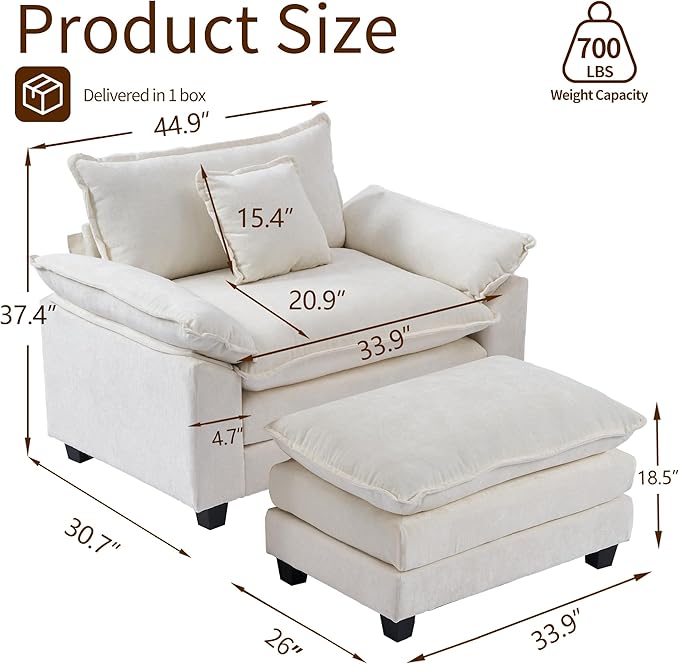 SweetGO corporation 45 Chenille Lounge Chair for Reading Modern Couch Cozy Sofa Bed Upholstered Living Room Single Sofa Accent Chair with Ottoman Beige