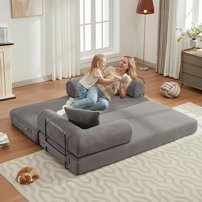 Convertible Folding Sofa Bed Modular Floor Sofa with Removable Backrest Corduroy Folding Mattress Couch with Fixed-Shape Frame for Living Room Bedroom Lounge (Grey)