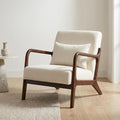 Modern Accent Chair Cotton Linen Fabric Upholstered Lounge Armchair with Solid Wood Frame for Living Room Bedroom Reading Nook (White-Dark Brown armrest)