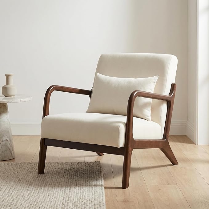Modern Accent Chair Cotton Linen Fabric Upholstered Lounge Armchair with Solid Wood Frame for Living Room Bedroom Reading Nook (White-Dark Brown armrest)