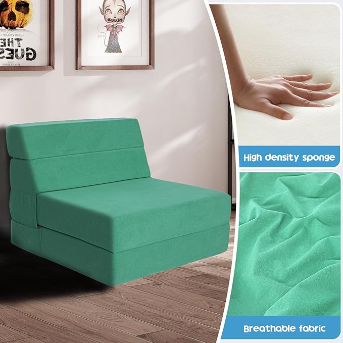 Folding Sofa Bed 4 in 1 Convertible Sleeper Chair with Washable Cover Memory Foam Fold Out Chair Bed Foldable Mattress with Back Support for Living Room Dorm Guest Room Home Office Green | Fold