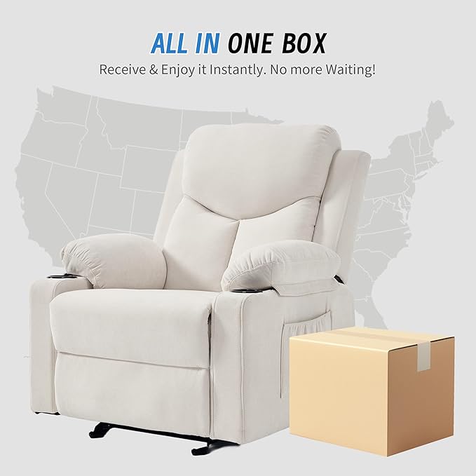 Manual Rocker Recliner Chair for Adults with Vibration MassageGlider Rocking Recliner Chairs for Living Room Bedroom Overstuffed Reclining Sofa Chair with Pockets and Cup Holds (Beige)