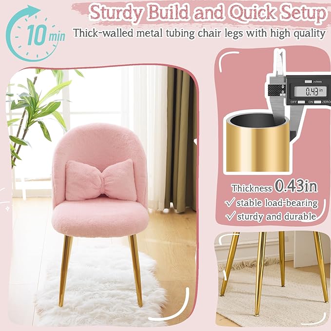 VINGLI Fluffy Girls Vanity Chair with Back &amp PillowCute Small Cozy Desk Chair No WheelsComfy Makeup Ch with Ajustable Gold Legsfor BedroomLiving RoomSmall SpacePink