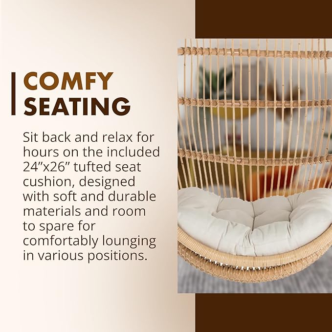 KOUBOO Hanging Rattan Swing Chair with Seat Cushion Handwoven Natural Rattan Chair Coastal Home Decor Furniture for Bedroom Living Room &amp Sun Room Natural