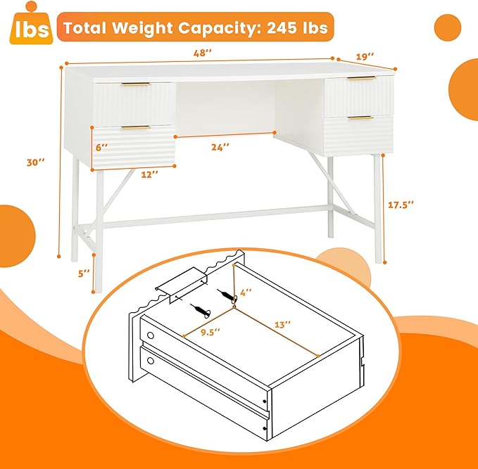 Tangkula White Desk with 4 Drawers 48 Inch Home Office Desk with Storage Modern Computer Desk Study Writing Desk with Metal Frame for Bedroom Study Office