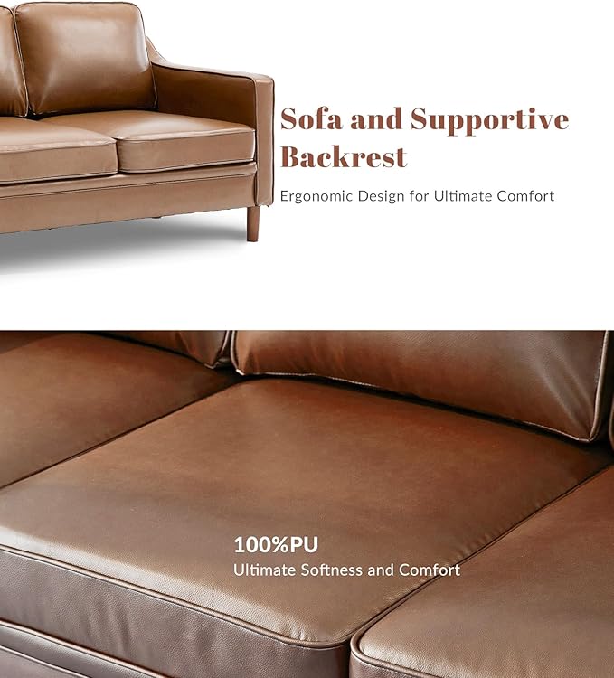 Kingfun Living Room Furniture Sets 3 Seater Couch and Loveseat Mid Century Modern Sofa Set Faux Leather Couch with Solid Wood Frame for Living Room &amp Bedroom Brown