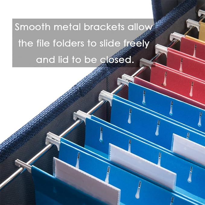 PRANDOM File Organizer Box - Set of 4 Collapsible Decorative Linen Filing Storage Hanging File Folders with Lids Office Cabinet Letter/Legal Size Navy Blue 17.1x14x11.1 inch