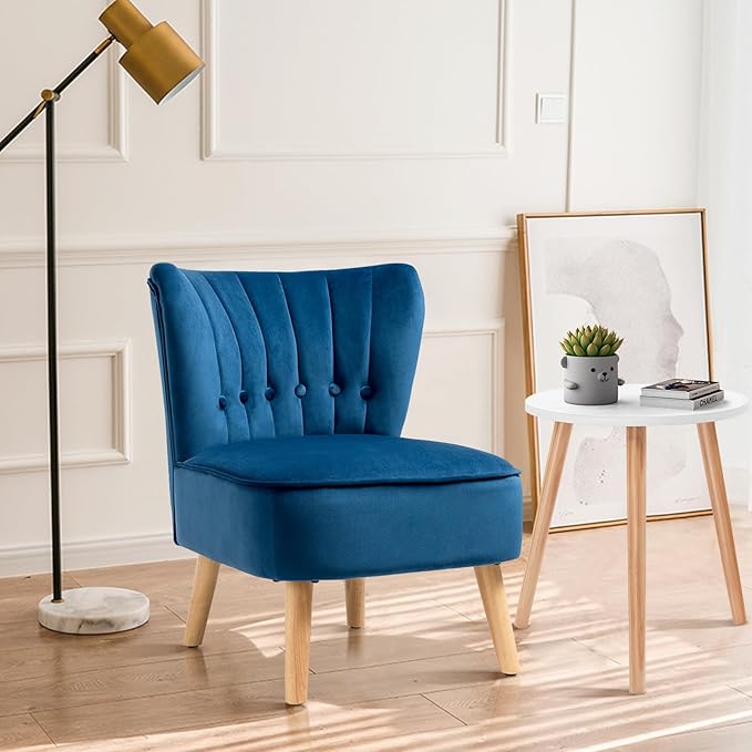 S AFSTAR Armless Accent Chair Wingback Velvet Sofa Chair with Solid Rubber Wood Legs &amp Thick Padded Seat Upholstered Leisure Club Chair for Living Room Guest Room Coffee Shop (1 Blue)