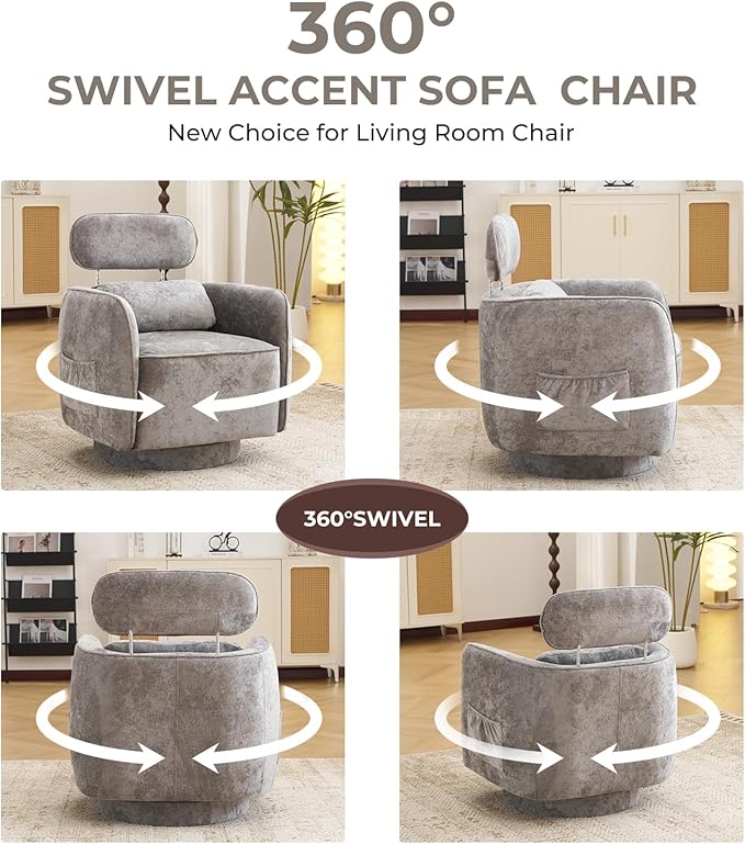 Large Swivel Accent Chair Chenille Round Barrel Chair Upholstered Armchair for Living Room Bedroom Modern Round Armchair Single Sofa with Adjustable Headrest Grey