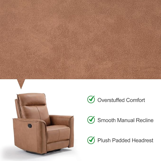 EBELLO Swivel Rocker Glider Chair Nursing Swivel Glider Rocking Recliners with Overstuffed Backrest Faux Leather Manual Reclining Sofa for Living Room Bedroom Apartment Brown