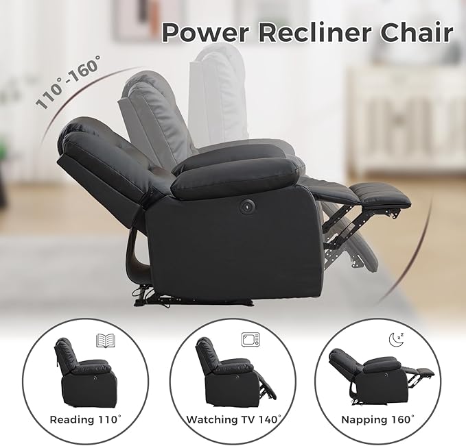EBELLO Classic Power Recliner Chair Faux Leather Oversized Electric Overstuffed Chair with Thicked Cushion and Back Single Sofa with Comfortable Armchair Black 2Pcs