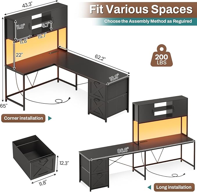 SEDETA Corner Computer Desk Reversible L Shaped Computer Desk with Fabric Drawers and Power Outlet Gaming Desk with Led Lights Hutch and Storage Shelf for Home Office Black