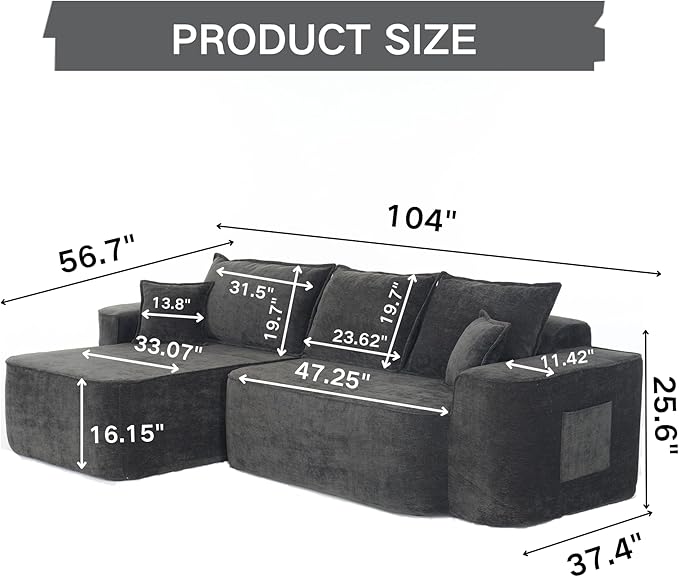 KEIKI 104 L Shaped Sectional Sofa with Chaise Extra Deep Seats Cloud Couch No Assembly Modular Corner Couch for Relaxing Living Room Apartment Family Lounge Modern Oversized Comfortable Sofa